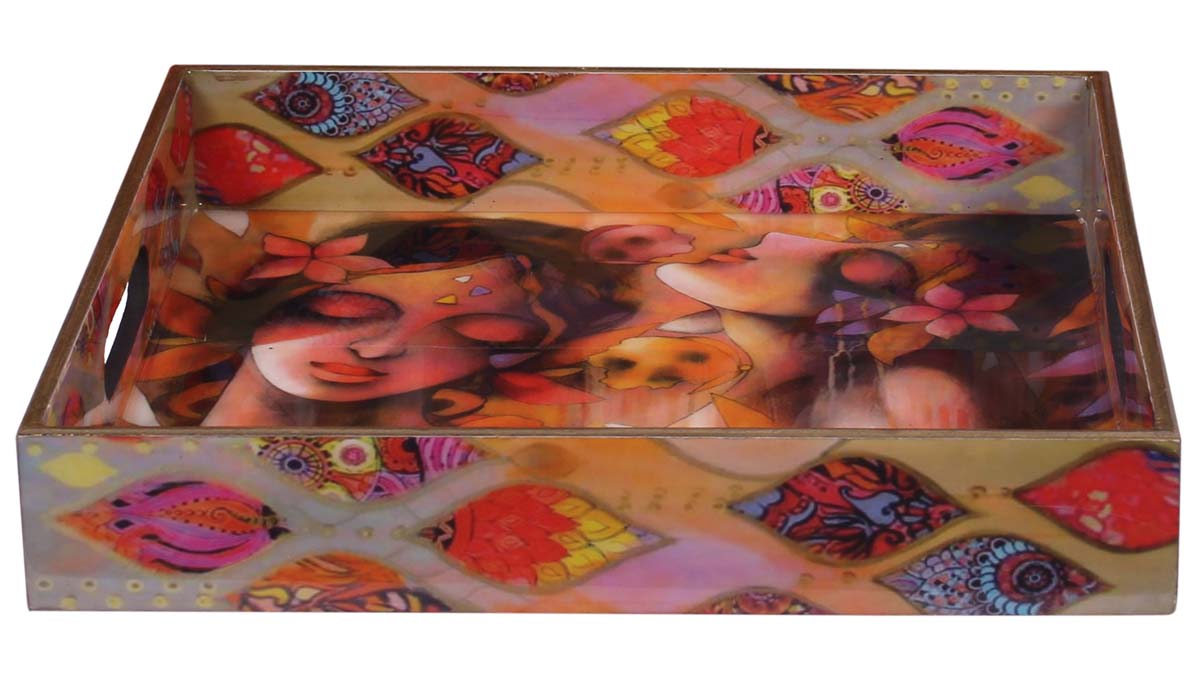 Buy in Bulk Wholesale Serving Tray in MDF - 8” Hand-Crafted Multicolored - Decorative Tray with Apsara Pattern - Classic Serve-Ware/Decor from India